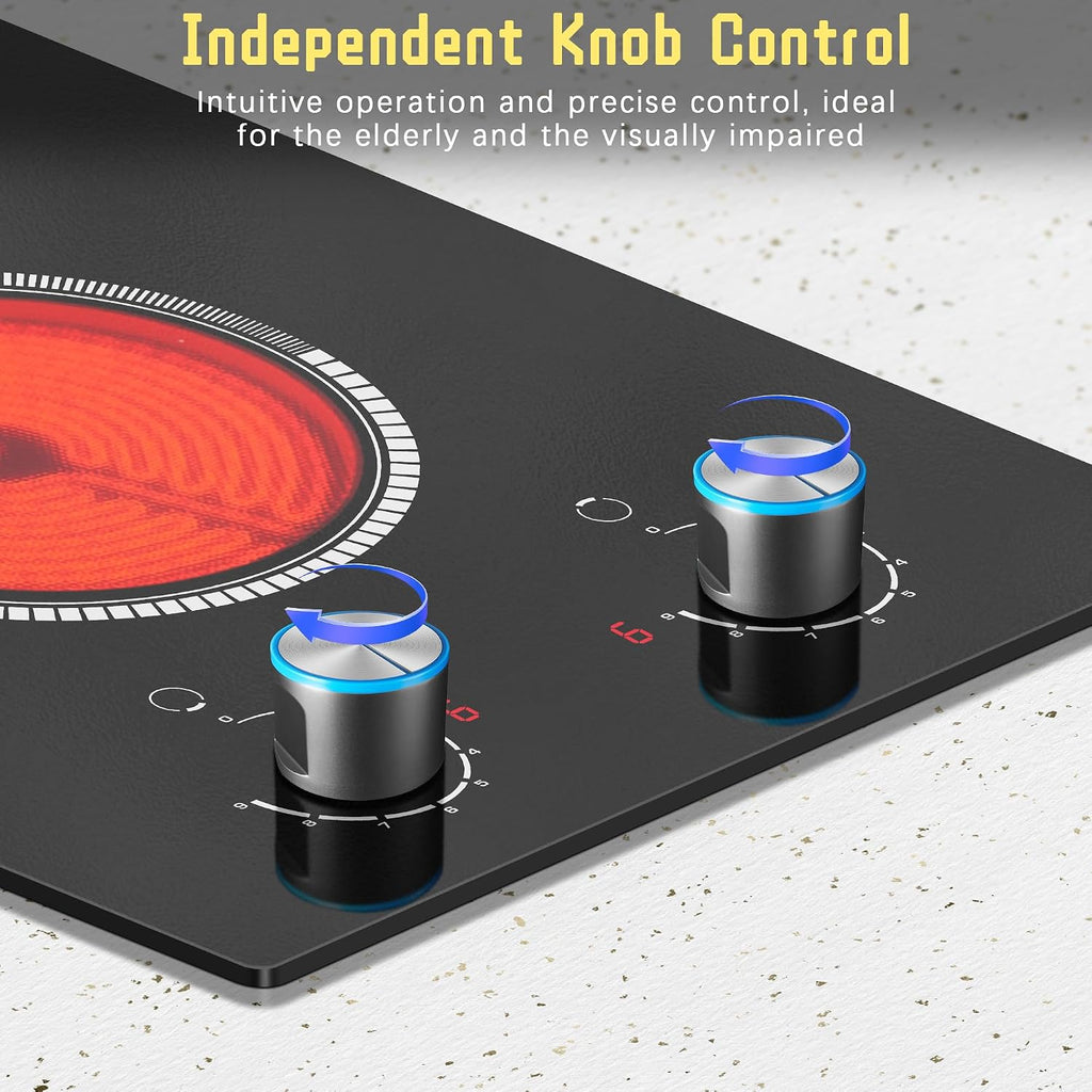2 Burner Electric Cooktop 110V, Knob 12 Inch Electric Stove Top | 120V Stove Top Burner Knob Control, 2000W Countertop Stove, Timer, 9 Heating Levels, Overheat Protection, High-Temp Alarm