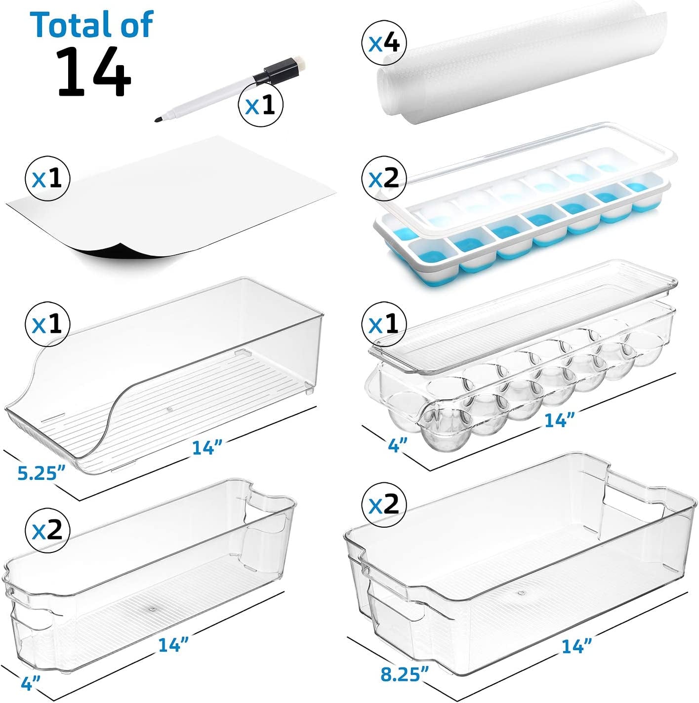 14-Piece Stackable Refrigerator Organizer Set - Clear Acrylic Bins for Efficient Fridge and Freezer Storage (VDS-SB-BIN-14SET)