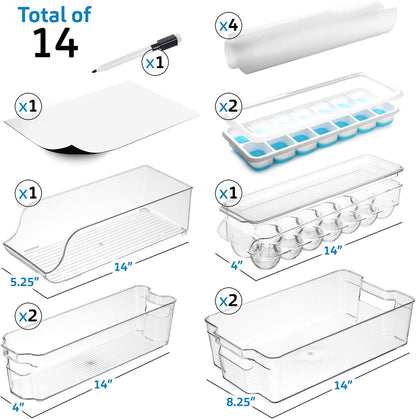 14-Piece Stackable Refrigerator Organizer Set - Clear Acrylic Bins for Efficient Fridge and Freezer Storage (VDS-SB-BIN-14SET)