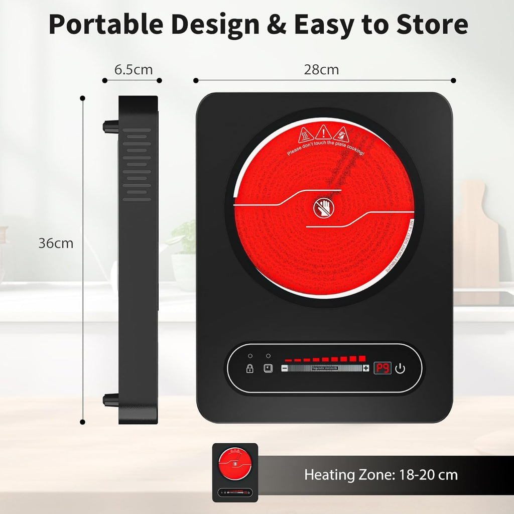 Portable Ceramic Hob, Single Electric Hob, Electric Cooker with Built-In 99 Mins Timer & 9 Adjustable Temperature Settings, Child Safety Lock, Overheat Protection, 220-240V Cooktops with Plug