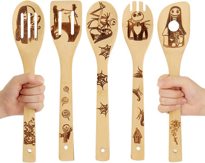 Nightmare Before Christmas Themed Wooden Cooking Spoons Set - 5-Piece Halloween Kitchen Utensils Collection