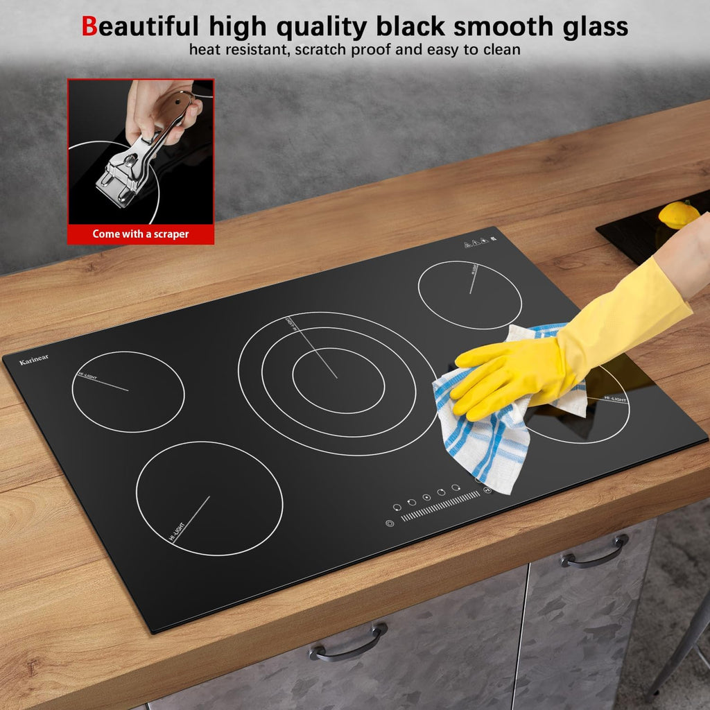 36 Inch Electric Cooktop, 5 Burners Electric Stove Top, Drop-In | Built-In Glass Radiant Ceramic Cooktop, Expandable Zones, Lock, Timer, Pause,9200W 220~240V Hardwire, No Plug, Sensor Touch