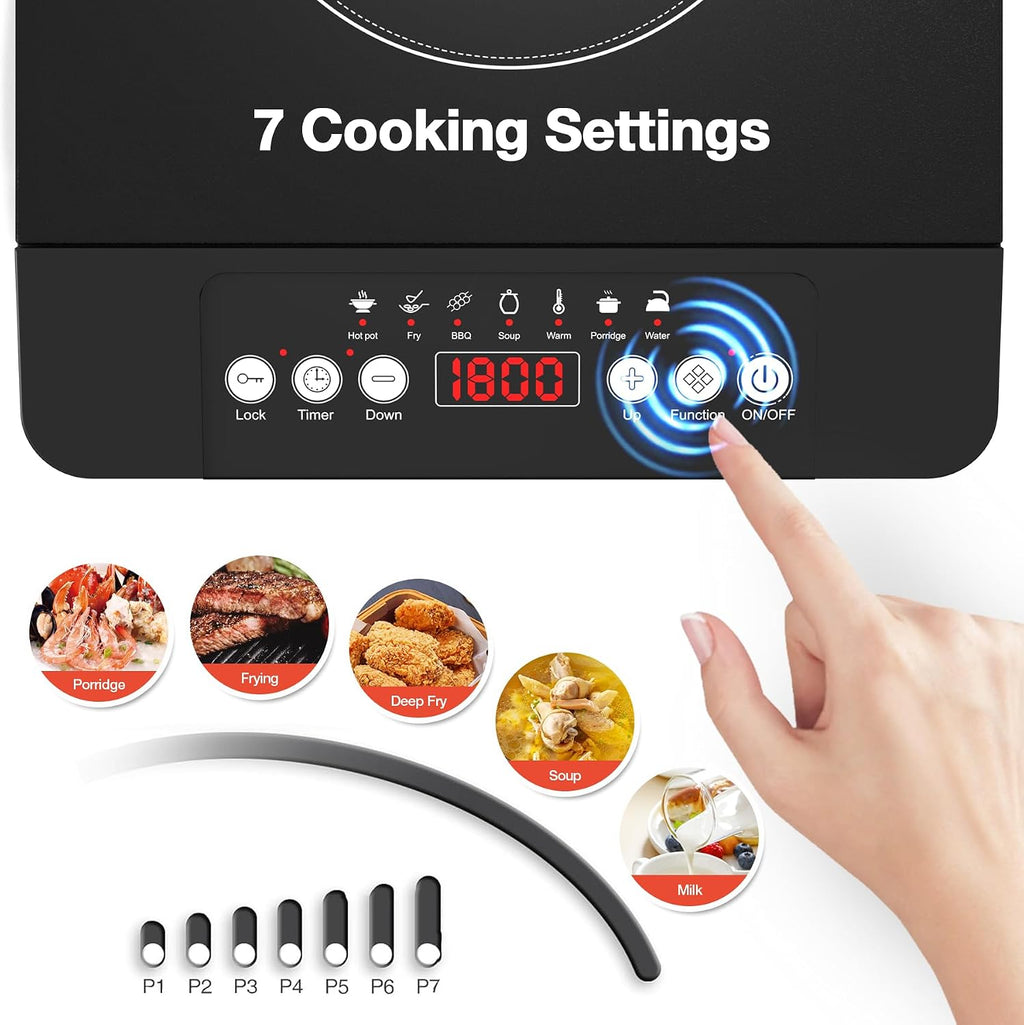 Portable Induction Cooktop,110V Single Burner Induction Stove Top,1800W Induction Hot Plate Electric Burner,7 Power Levels, Kids Lock & Timer,Led Touch Control,Overheat Protection