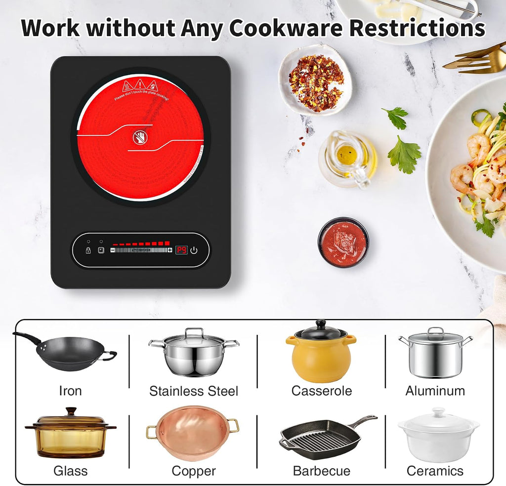 Portable Ceramic Hob, Single Electric Hob, Electric Cooker with Built-In 99 Mins Timer & 9 Adjustable Temperature Settings, Child Safety Lock, Overheat Protection, 220-240V Cooktops with Plug