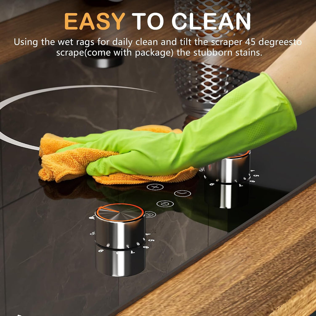 Electric Cooktop 2 Burner, 110V Electri Stove Top, Knob Control | 2000W 110V Outlet Plug-In Electric Hot Plate, Countertop or Built-In Install, Timer, Safety Lock, 9 Power Level, 24 Inch