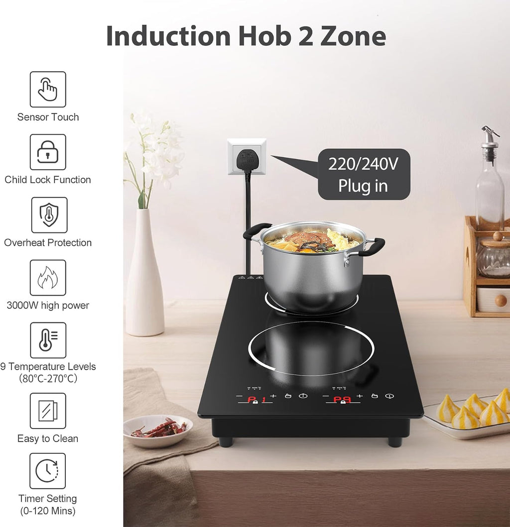 Double Induction Hob, 3000W Portable Induction Hob, Built-In Induction Cooker with LED Touch Display, 9 Power Level, 120 Mins Timer & Safety Lock, 220~240V, Black