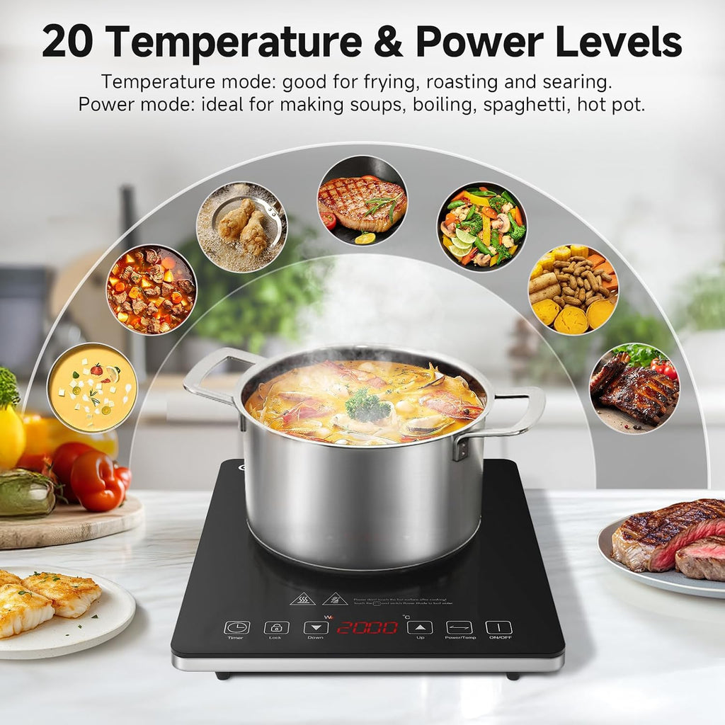 Single Induction Cooker, Ultra-Thin Induction Hob with Fashion Look, 20-Level Power and Temperature Control, Black Frosted Glass Panel, Touch Sensor, 3-Hour Timer, Safety Lock