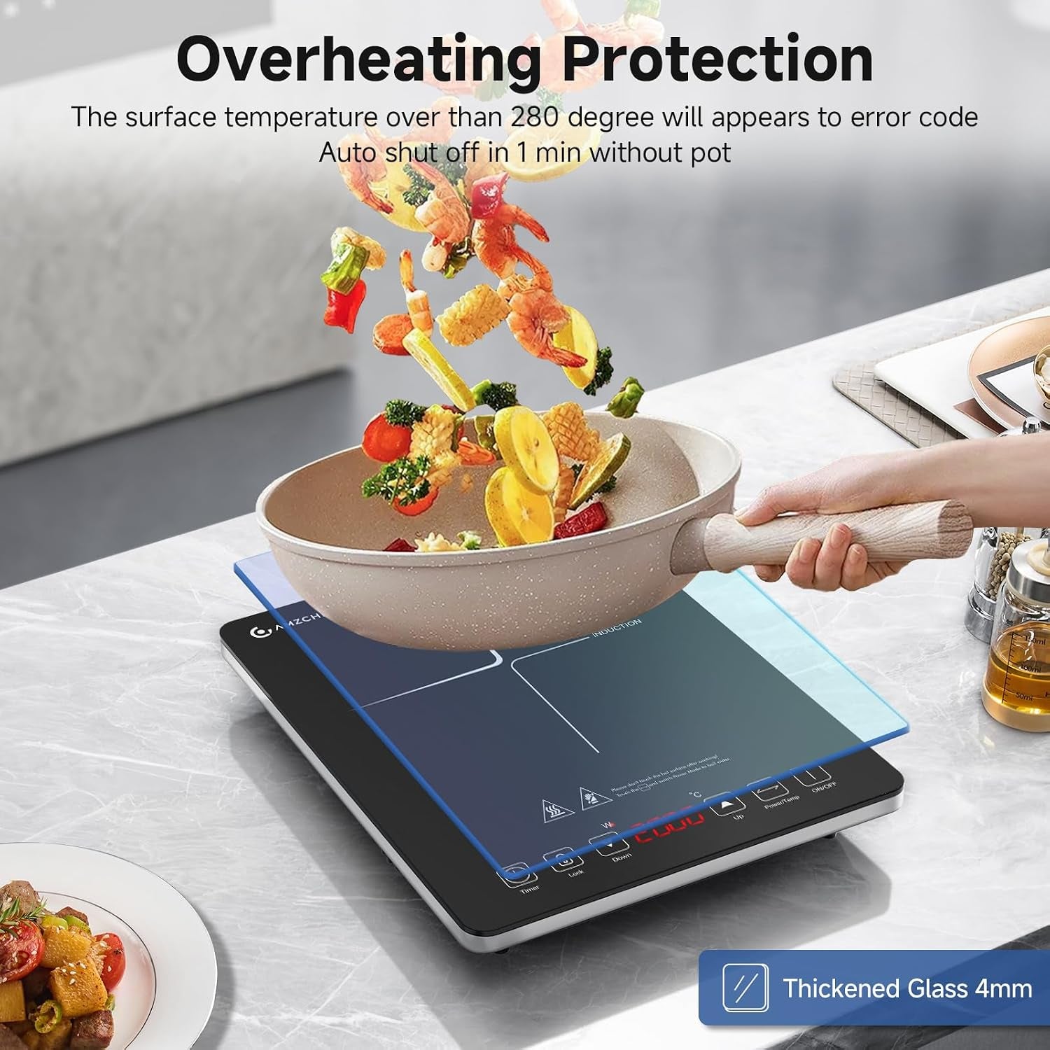 Single Induction Cooker, Ultra-Thin Induction Hob with Fashion Look, 20-Level Power and Temperature Control, Black Frosted Glass Panel, Touch Sensor, 3-Hour Timer, Safety Lock