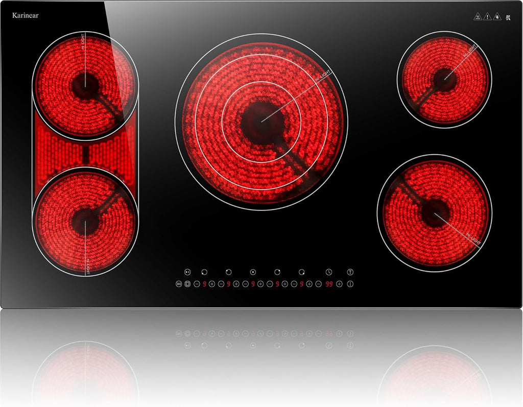 90Cm Ceramic Hob, 5 Zone Electric Hob, Flexible Bridge & Triple Ring Expandable Burners, Pause, Timer, Safety Lock, 9600W Built-In Ceramic Cooker for 220-240V Hard Wire