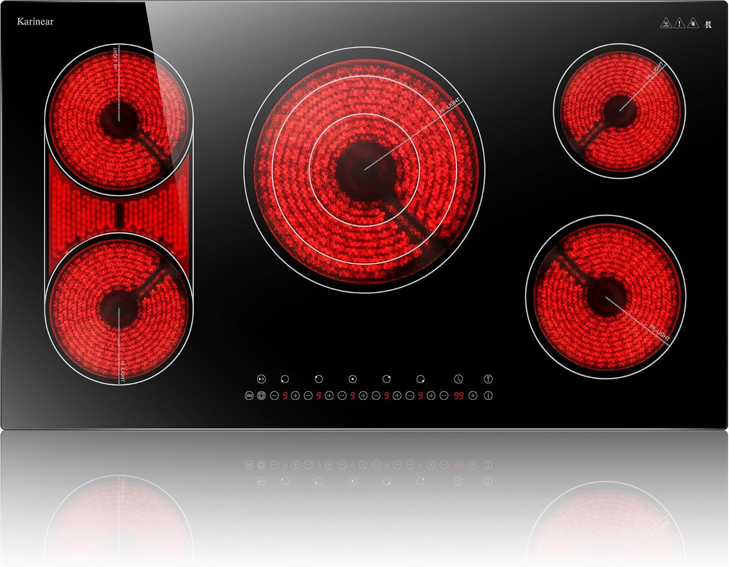 90Cm Ceramic Hob, 5 Zone Electric Hob, Flexible Bridge & Triple Ring Expandable Burners, Pause, Timer, Safety Lock, 9600W Built-In Ceramic Cooker for 220-240V Hard Wire