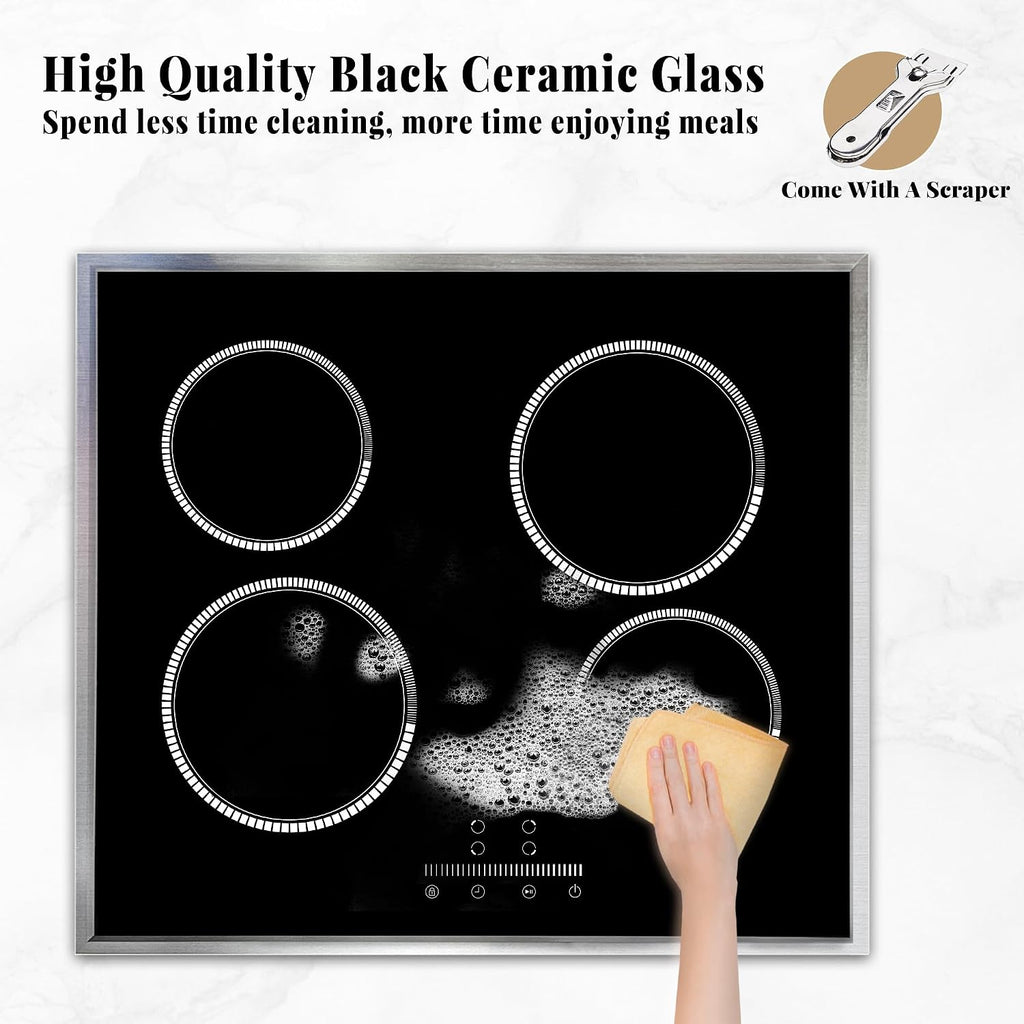 24 Inch Electric Cooktop 4 Burner Electric Stove, Slide Control | 24" Built-In Ceramic Stovetop, Timer, Child Lock, 9 Heating Level, 6000W, No Plug, 220-240V Hardwire