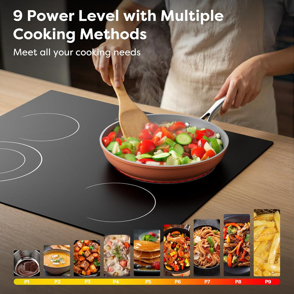 24 Inch Electric Cooktop 4 Burners 6600W Dual Heating Ring | Built-In Ceramic Radiant Stove Top, 220-240V Hard Wire (No Plug), Touch Control, Child Lock & Multiple Safety Protection