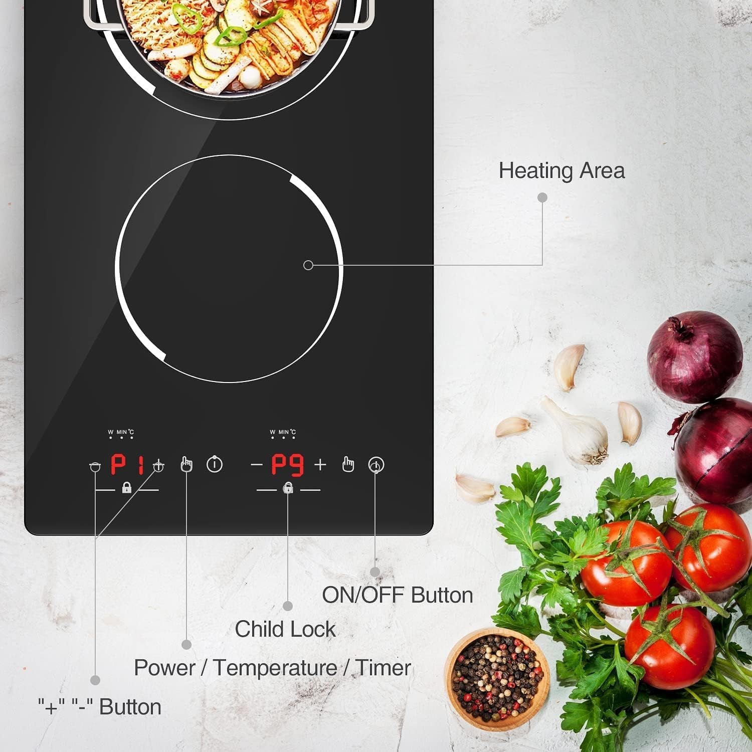 Double Induction Hob, 3000W Portable Induction Hob, Built-In Induction Cooker with LED Touch Display, 9 Power Level, 120 Mins Timer & Safety Lock, 220~240V, Black