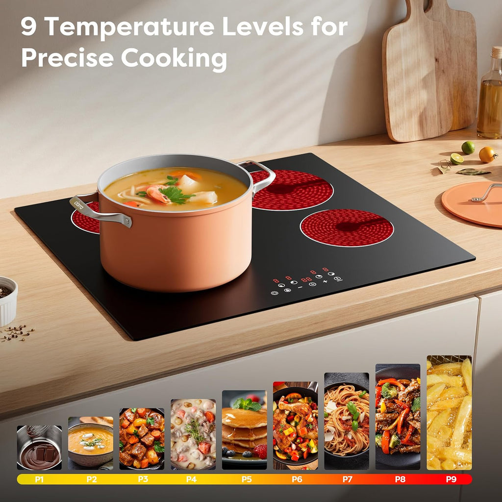 24 Inch Electric Cooktop 4 Burners 6400W Dual Heating Ring | Built-In Ceramic Radiant Stove Top with 9 Heat Levels & 99Min Timer, 220-240V Hard Wire (No Plug), Touch Control, Child Lock