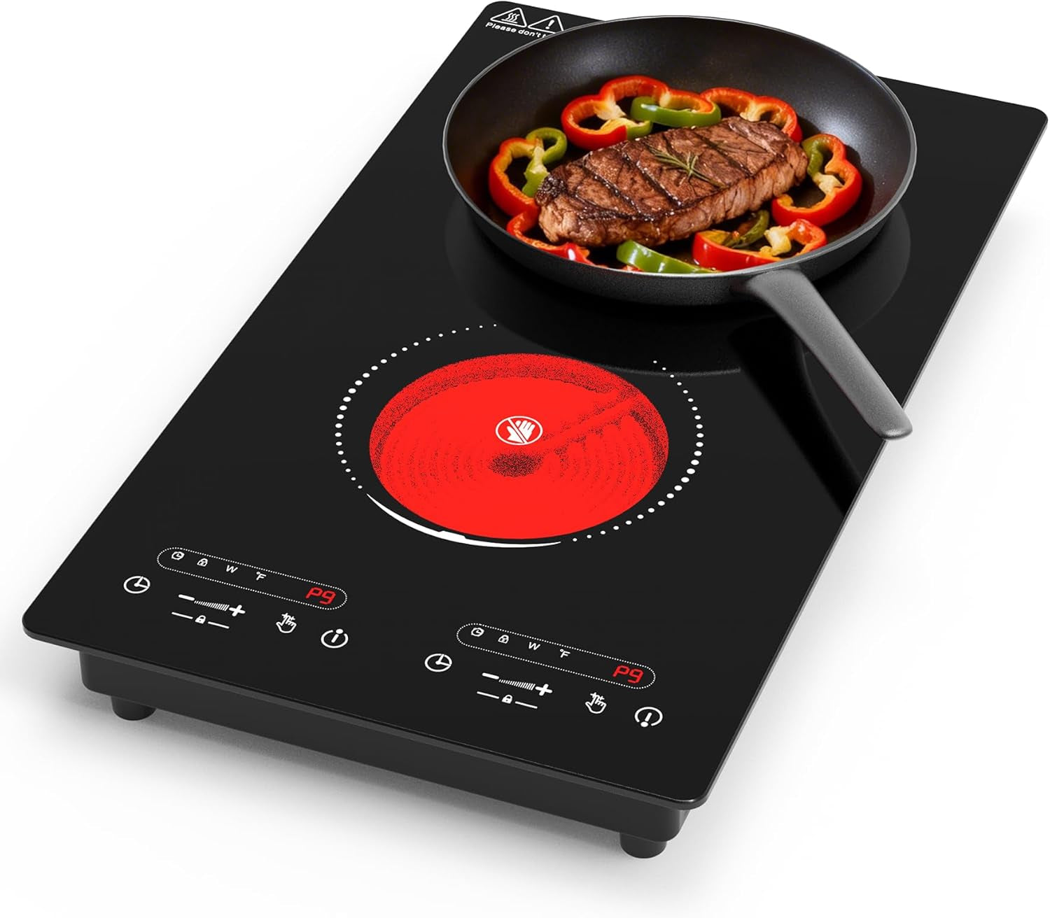 Double Ceramic Hob 3000W, Plug in 2 Ring Electric Hob with LCD Touch Control, Electric Cooktop with Safety Lock & Timer, 9 Power Levels, Built-In and Countertop 220V-240V