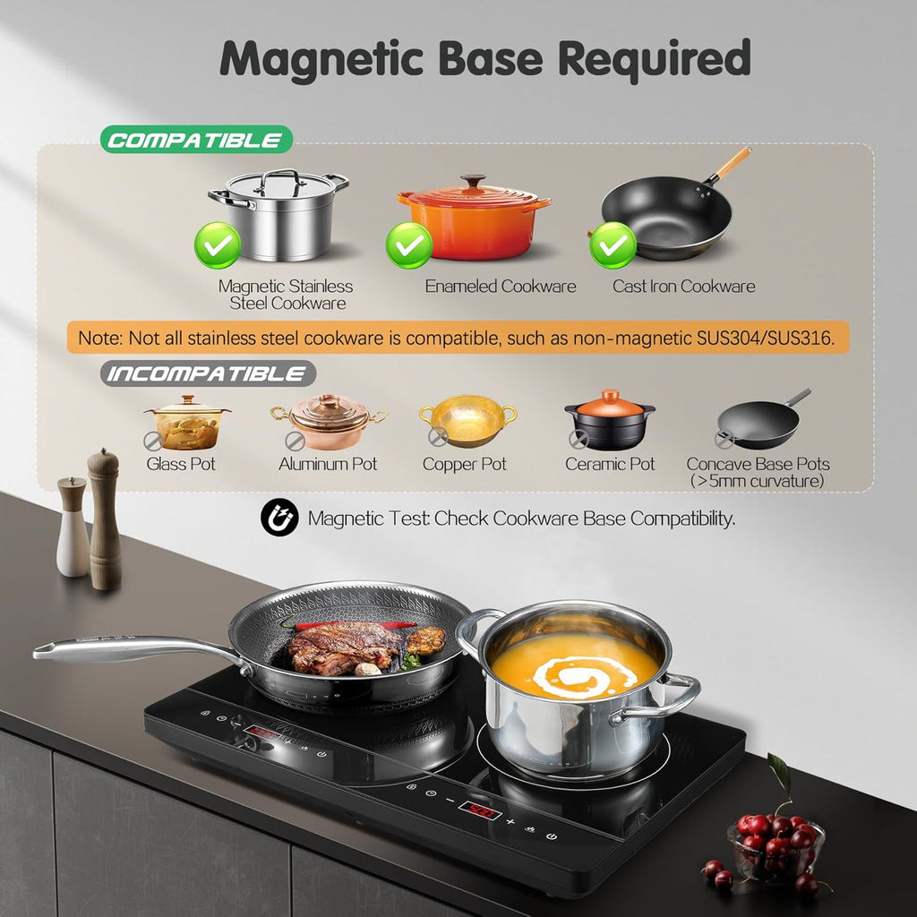 Double Induction Hob, Portable Induction Cooker, Black Glass Plate, 2800W, Independent Touch Control, 8 To10 Power Levels,10 Temperature Setting, 3 Hour Timer, Child Safety Lock, with Plug