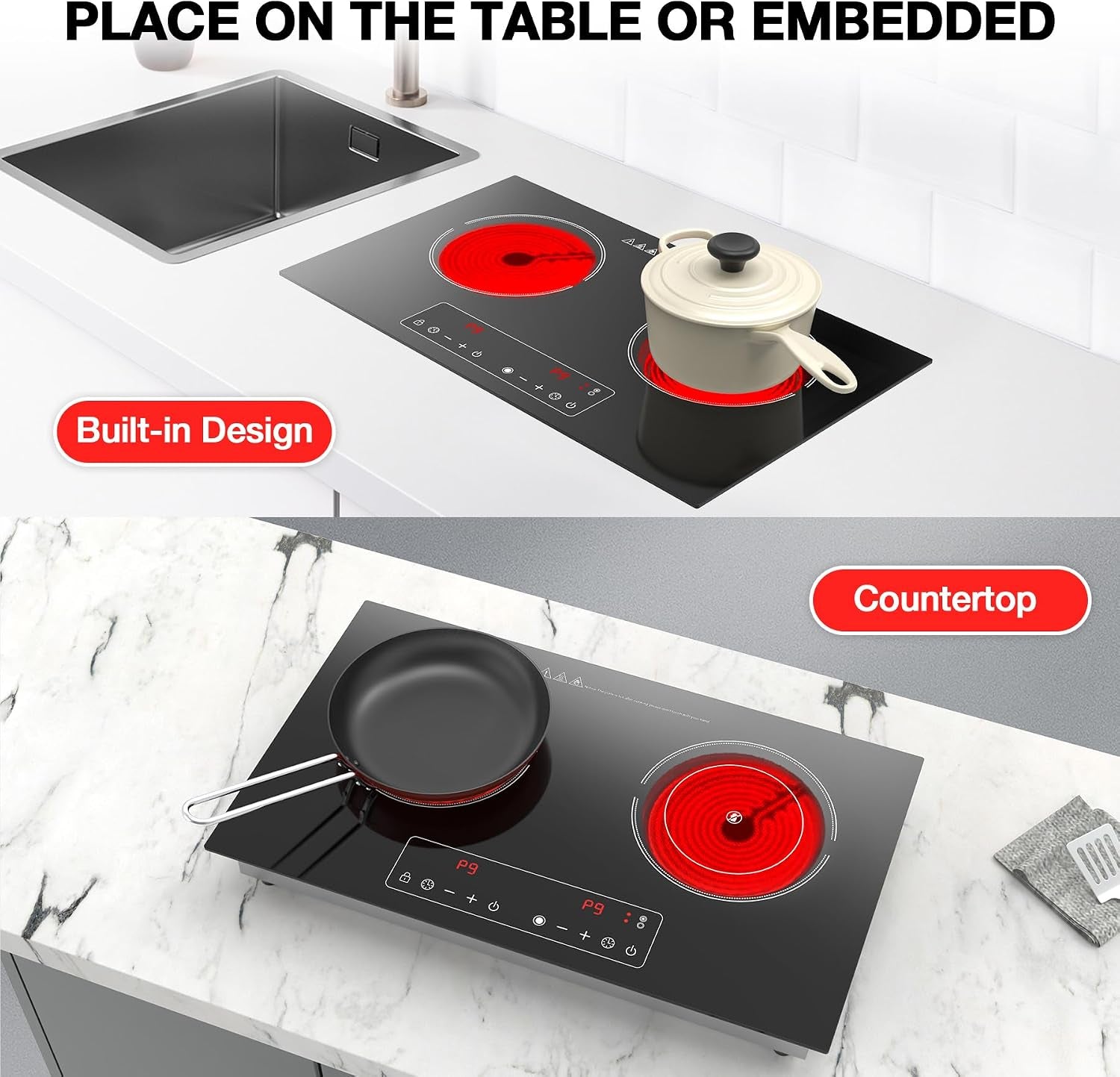 Electric Cooktop,110V 2400W 2 Burner Electric Cooktop,Countertop and Built-In Stove Top with 9 Power Levels,Child Safety Lock, Timer, LED Touch Control,Overheat Protection
