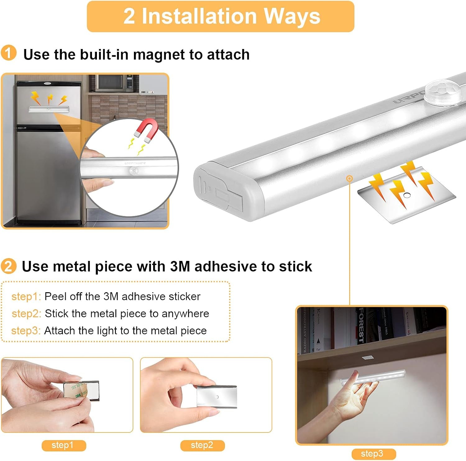 Indoor Motion Sensor Lights - Battery Operated Magnetic Under Cabinet Night Lights (Cool White, 2 Pack)