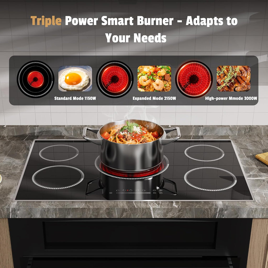 36 Inch Electric Cooktop, 5 Burner Stove Top with Slide Control | 9200W Electric Stove with Child Lock, Timer, Pause Function 36" Glass Cooktop, Sensor Touch, 220-240V Hard Wire, No Plug