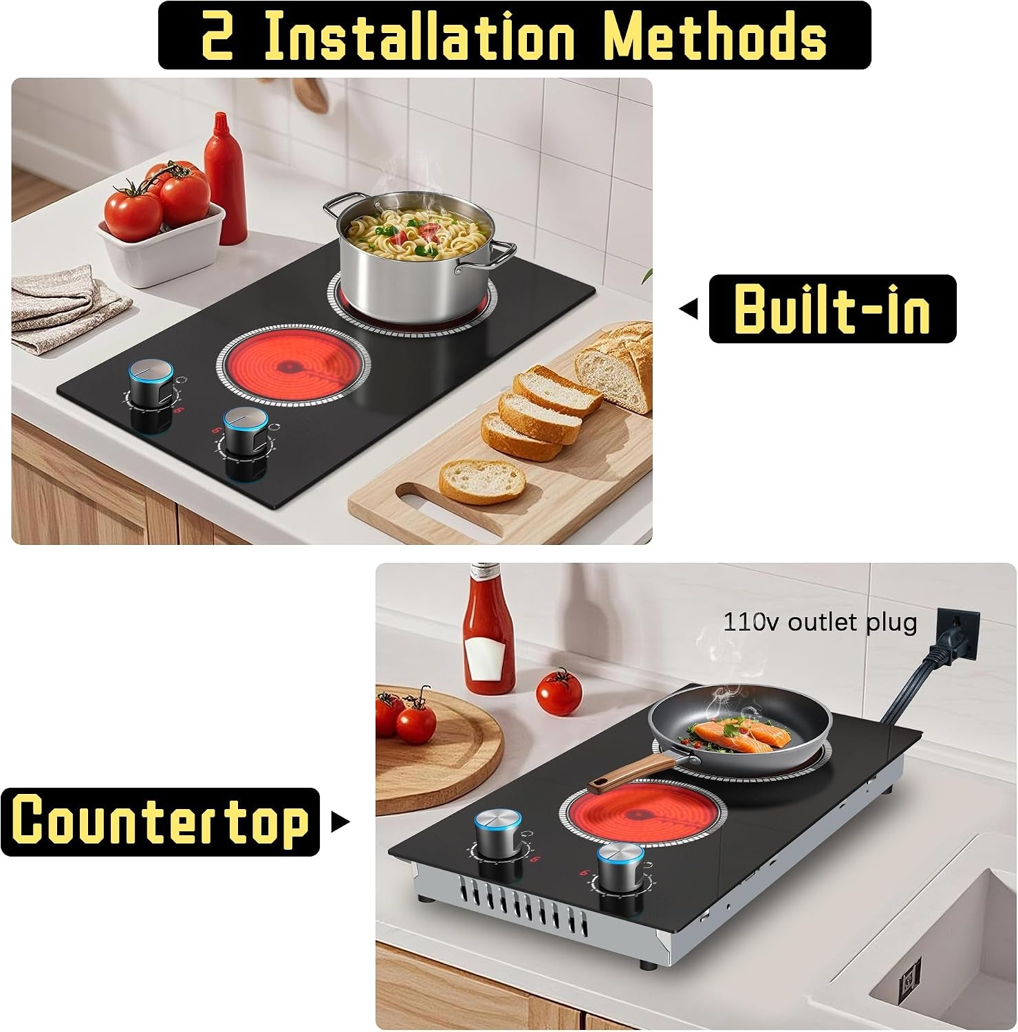 2 Burner Electric Cooktop 110V, Knob 12 Inch Electric Stove Top | 120V Stove Top Burner Knob Control, 2000W Countertop Stove, Timer, 9 Heating Levels, Overheat Protection, High-Temp Alarm