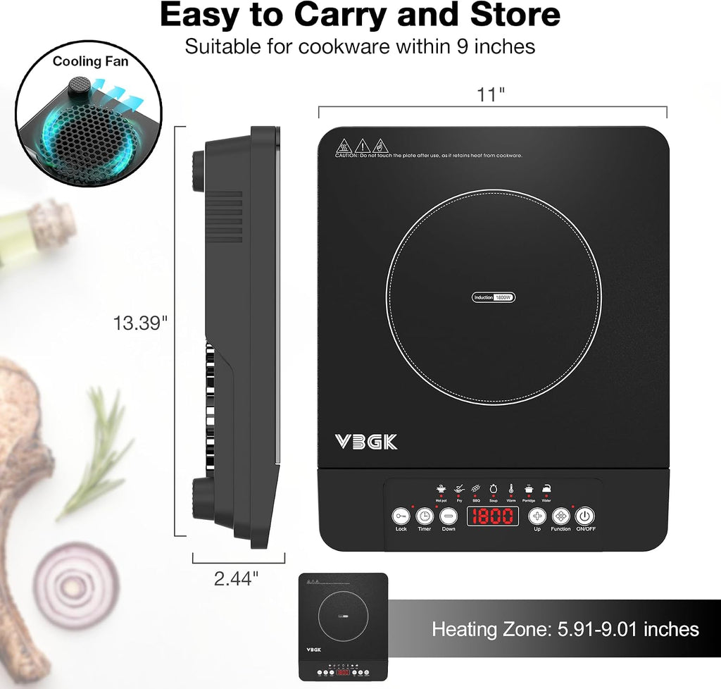 Portable Induction Cooktop,110V Single Burner Induction Stove Top,1800W Induction Hot Plate Electric Burner,7 Power Levels, Kids Lock & Timer,Led Touch Control,Overheat Protection