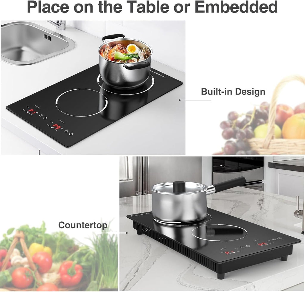 Double Induction Hob, 3000W Portable Induction Hob, Built-In Induction Cooker with LED Touch Display, 9 Power Level, 120 Mins Timer & Safety Lock, 220~240V, Black