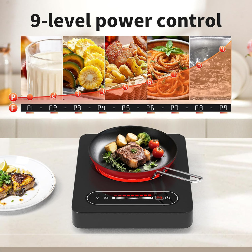 Portable Ceramic Hob, Single Electric Hob, Electric Cooker with Built-In 99 Mins Timer & 9 Adjustable Temperature Settings, Child Safety Lock, Overheat Protection, 220-240V Cooktops with Plug