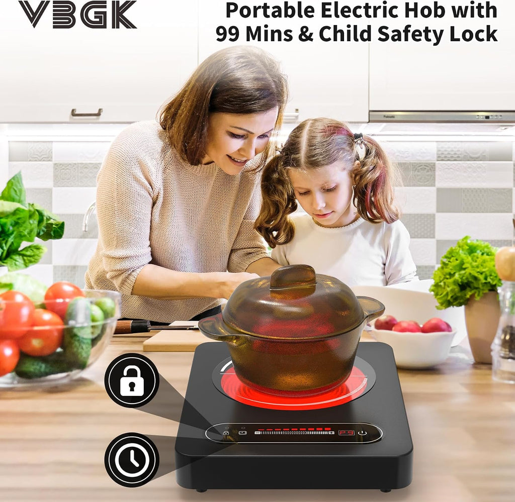 Portable Ceramic Hob, Single Electric Hob, Electric Cooker with Built-In 99 Mins Timer & 9 Adjustable Temperature Settings, Child Safety Lock, Overheat Protection, 220-240V Cooktops with Plug