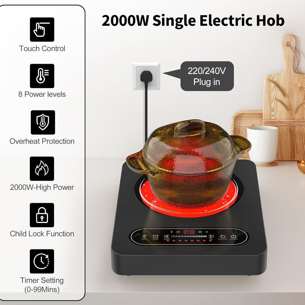 Portable Ceramic Hob, Pulg in Electric Hob, Portable Electric Hob with Digital LED Touch Controls, 8 Power Levels up to 2000W, 99 Mins Timer, 220-240V Cooktops with Plug