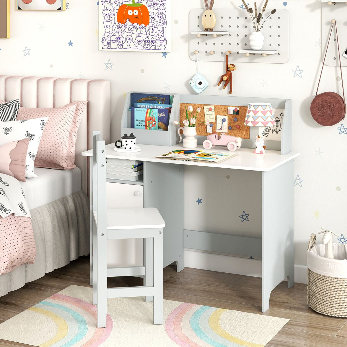 Kids Table and Chair Set with Hutch and Cabinet