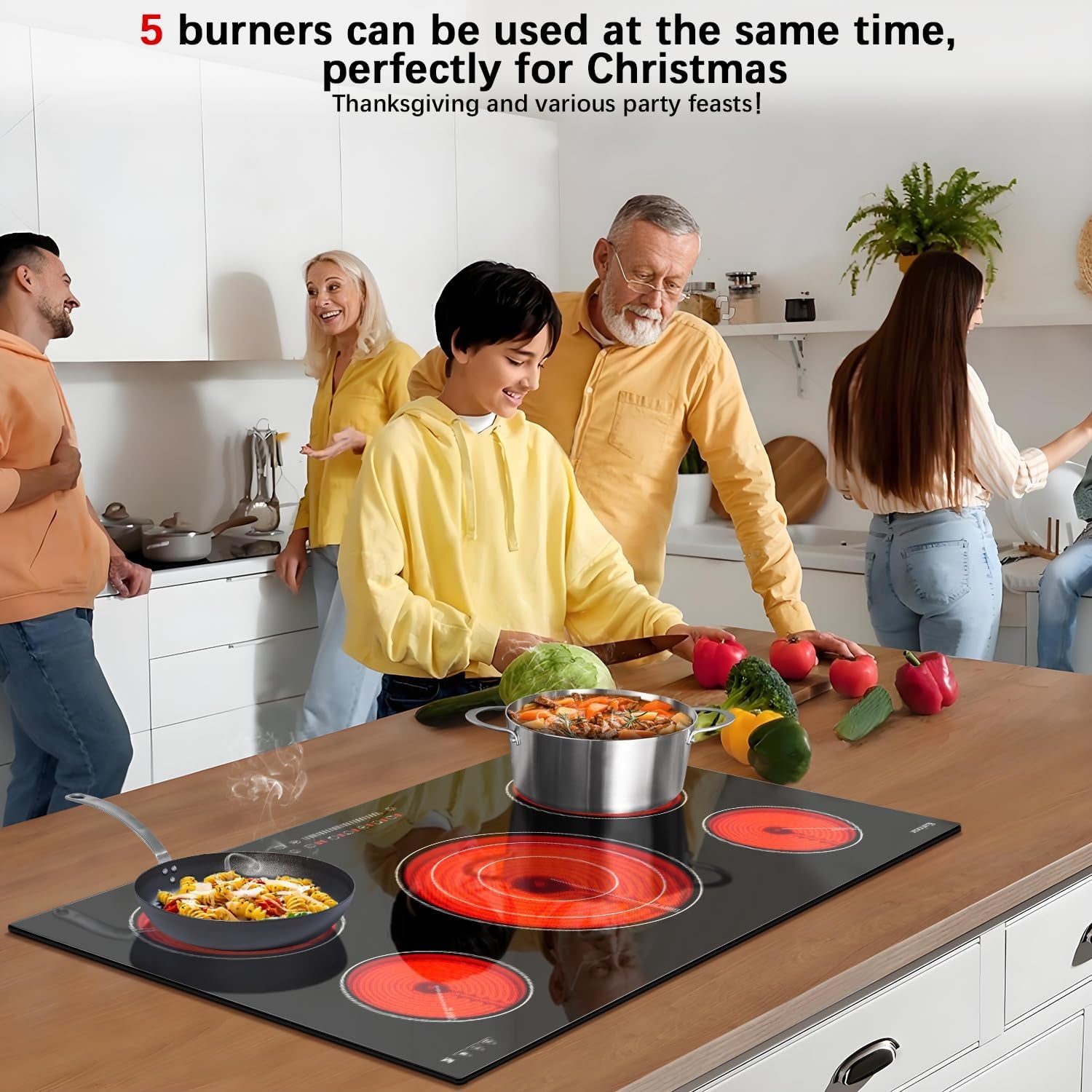 36 Inch Electric Cooktop, 5 Burners Electric Stove Top, Drop-In | Built-In Glass Radiant Ceramic Cooktop, Expandable Zones, Lock, Timer, Pause,9200W 220~240V Hardwire, No Plug, Sensor Touch