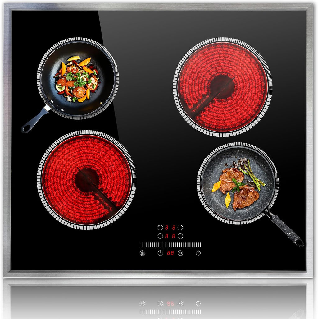 24 Inch Electric Cooktop 4 Burner Electric Stove, Slide Control | 24" Built-In Ceramic Stovetop, Timer, Child Lock, 9 Heating Level, 6000W, No Plug, 220-240V Hardwire