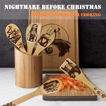 Nightmare Before Christmas Themed Wooden Cooking Spoons Set - 5-Piece Halloween Kitchen Utensils Collection