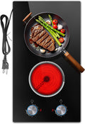 2 Burner Electric Cooktop 110V, Knob 12 Inch Electric Stove Top | 120V Stove Top Burner Knob Control, 2000W Countertop Stove, Timer, 9 Heating Levels, Overheat Protection, High-Temp Alarm