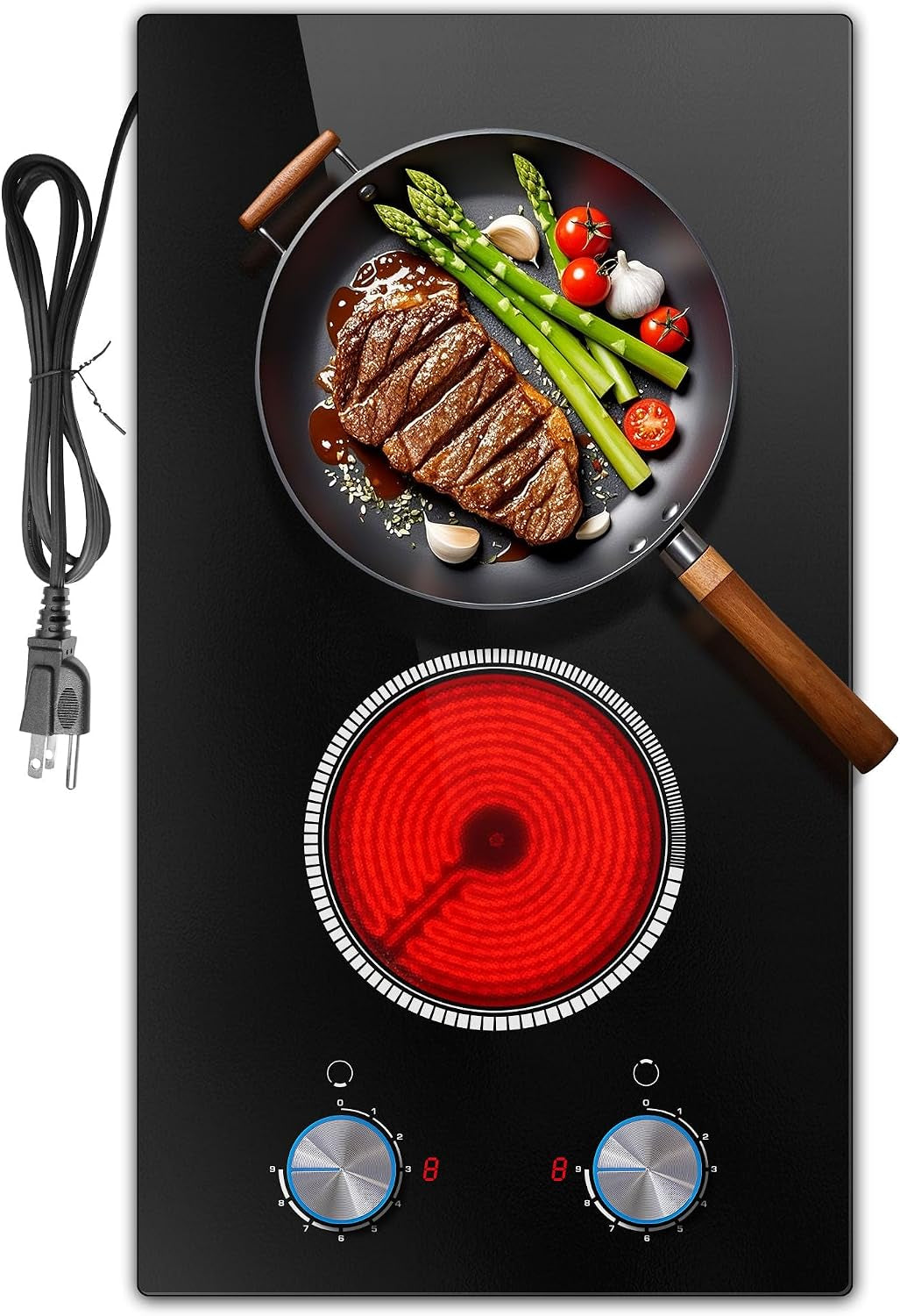 2 Burner Electric Cooktop 110V, Knob 12 Inch Electric Stove Top | 120V Stove Top Burner Knob Control, 2000W Countertop Stove, Timer, 9 Heating Levels, Overheat Protection, High-Temp Alarm