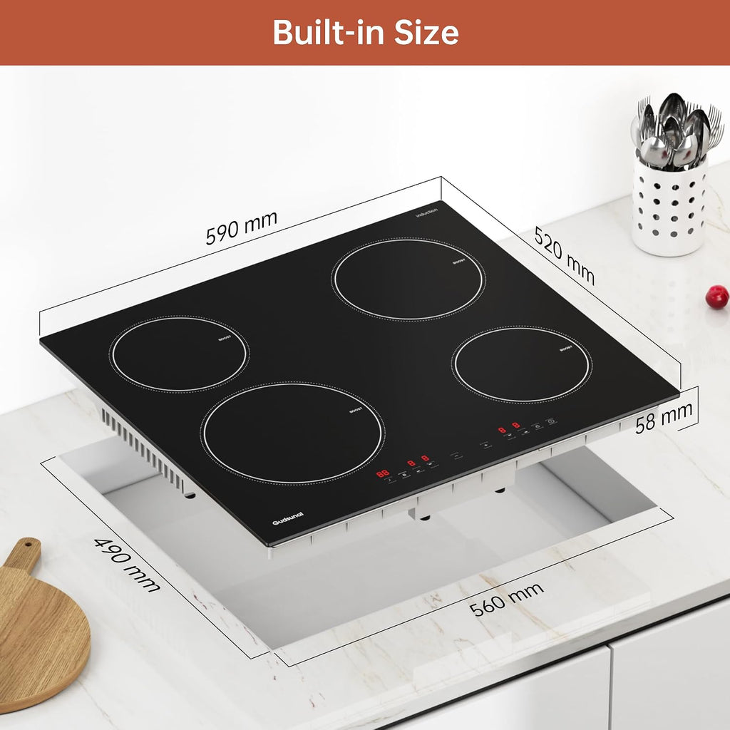 Induction Hob, 4 Cooking Zone, 60 Cm, 7200W, Continuous Low Power Heating, Booster, 9 Heat Levels, Timer, Auto Shut-Off, Child Safety Lock, Pan Sensor,Hard Wired, No Plug