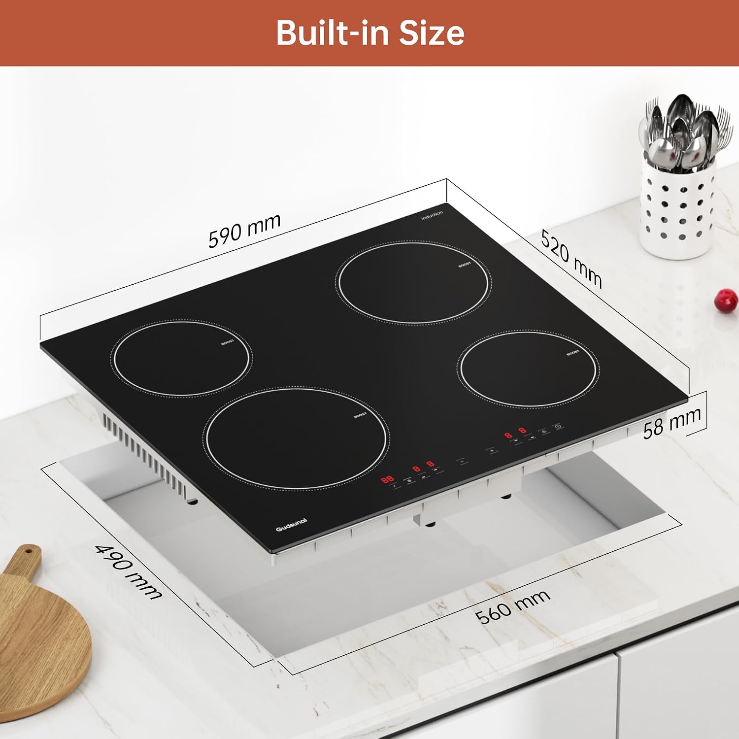Induction Hob, 4 Cooking Zone, 60 Cm, 7200W, Continuous Low Power Heating, Booster, 9 Heat Levels, Timer, Auto Shut-Off, Child Safety Lock, Pan Sensor,Hard Wired, No Plug