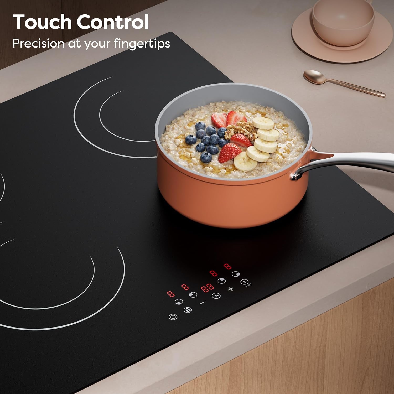 24 Inch Electric Cooktop 4 Burners 6600W Dual Heating Ring | Built-In Ceramic Radiant Stove Top, 220-240V Hard Wire (No Plug), Touch Control, Child Lock & Multiple Safety Protection