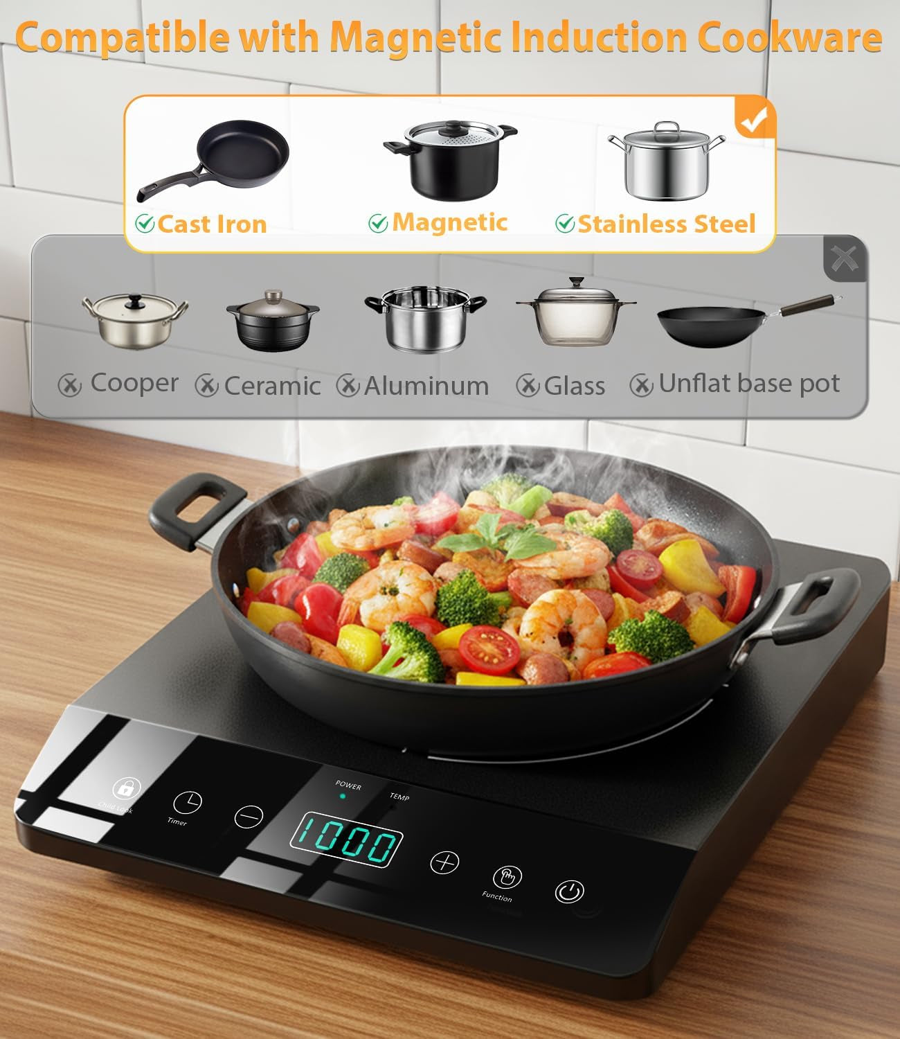 Single Burner Induction Cooktop, Etl-Certified 1800W Portable Induction Cooktop Large 8 Inch Heating Coil, 12 Temp Settings up to 465℉ Electric Stove Hot Plate with 3 Hour Timer, Safety Lock