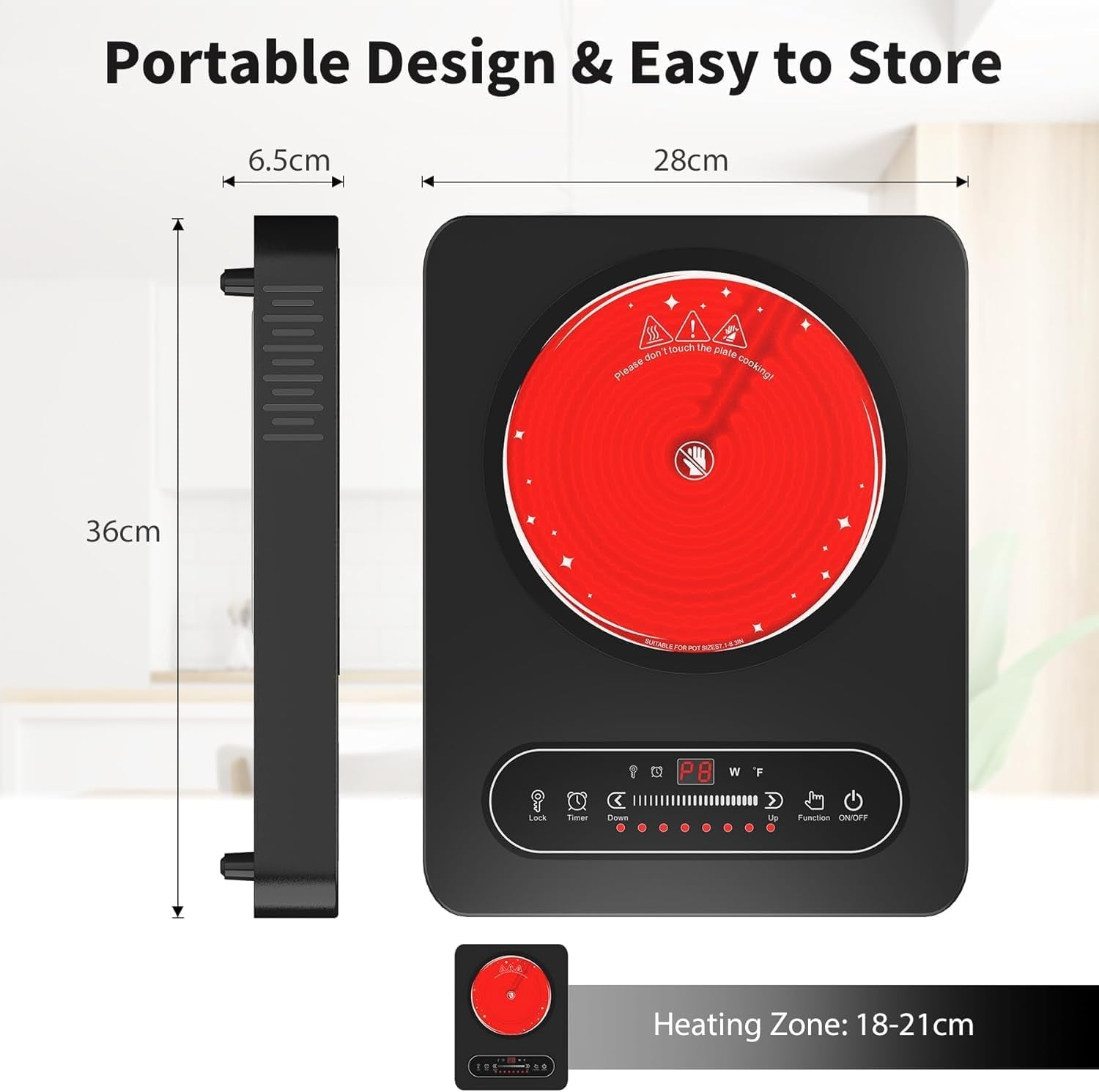 Portable Ceramic Hob, Pulg in Electric Hob, Portable Electric Hob with Digital LED Touch Controls, 8 Power Levels up to 2000W, 99 Mins Timer, 220-240V Cooktops with Plug