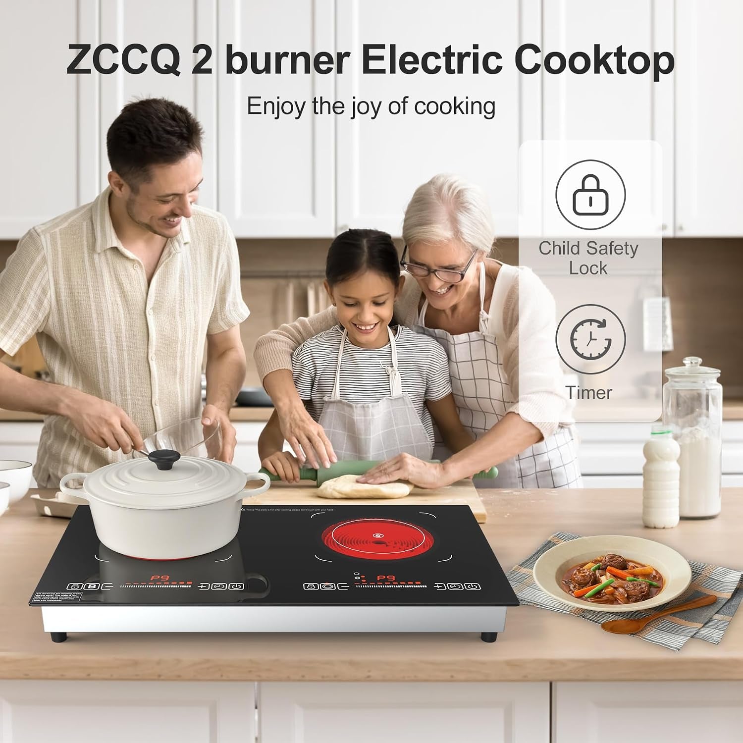 Electric Cooktop,110V 2400W,Countertop and Built-In Electric Stove Top,2 Burner Induction Cooktop With11 Power Levels,Child Safety Lock, Timer, LED Touch Control,Overheat Protection