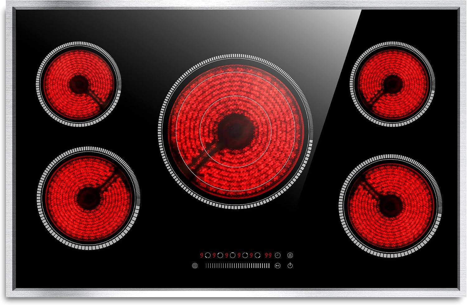 36 Inch Electric Cooktop, 5 Burner Stove Top with Slide Control | 9200W Electric Stove with Child Lock, Timer, Pause Function 36" Glass Cooktop, Sensor Touch, 220-240V Hard Wire, No Plug