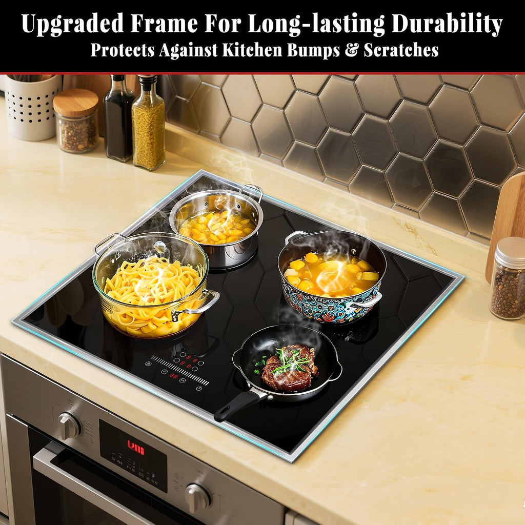 24 Inch Electric Cooktop 4 Burner Electric Stove, Slide Control | 24" Built-In Ceramic Stovetop, Timer, Child Lock, 9 Heating Level, 6000W, No Plug, 220-240V Hardwire