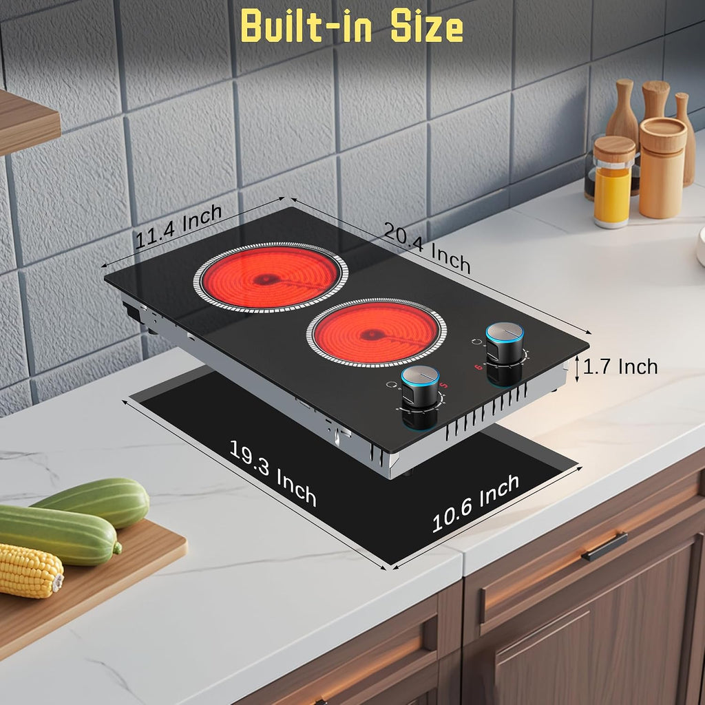 2 Burner Electric Cooktop 110V, Knob 12 Inch Electric Stove Top | 120V Stove Top Burner Knob Control, 2000W Countertop Stove, Timer, 9 Heating Levels, Overheat Protection, High-Temp Alarm