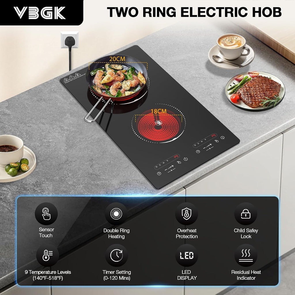 Double Ceramic Hob 3000W, Plug in 2 Ring Electric Hob with LCD Touch Control, Electric Cooktop with Safety Lock & Timer, 9 Power Levels, Built-In and Countertop 220V-240V