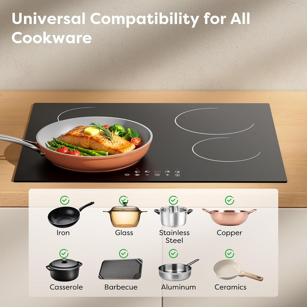 24 Inch Electric Cooktop 4 Burners 6400W Dual Heating Ring | Built-In Ceramic Radiant Stove Top with 9 Heat Levels & 99Min Timer, 220-240V Hard Wire (No Plug), Touch Control, Child Lock