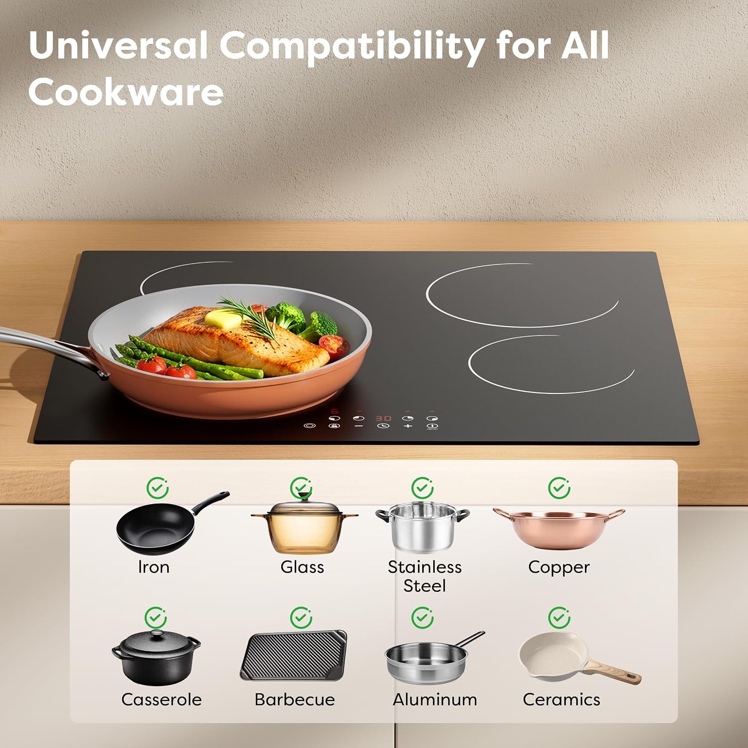 24 Inch Electric Cooktop 4 Burners 6400W Dual Heating Ring | Built-In Ceramic Radiant Stove Top with 9 Heat Levels & 99Min Timer, 220-240V Hard Wire (No Plug), Touch Control, Child Lock