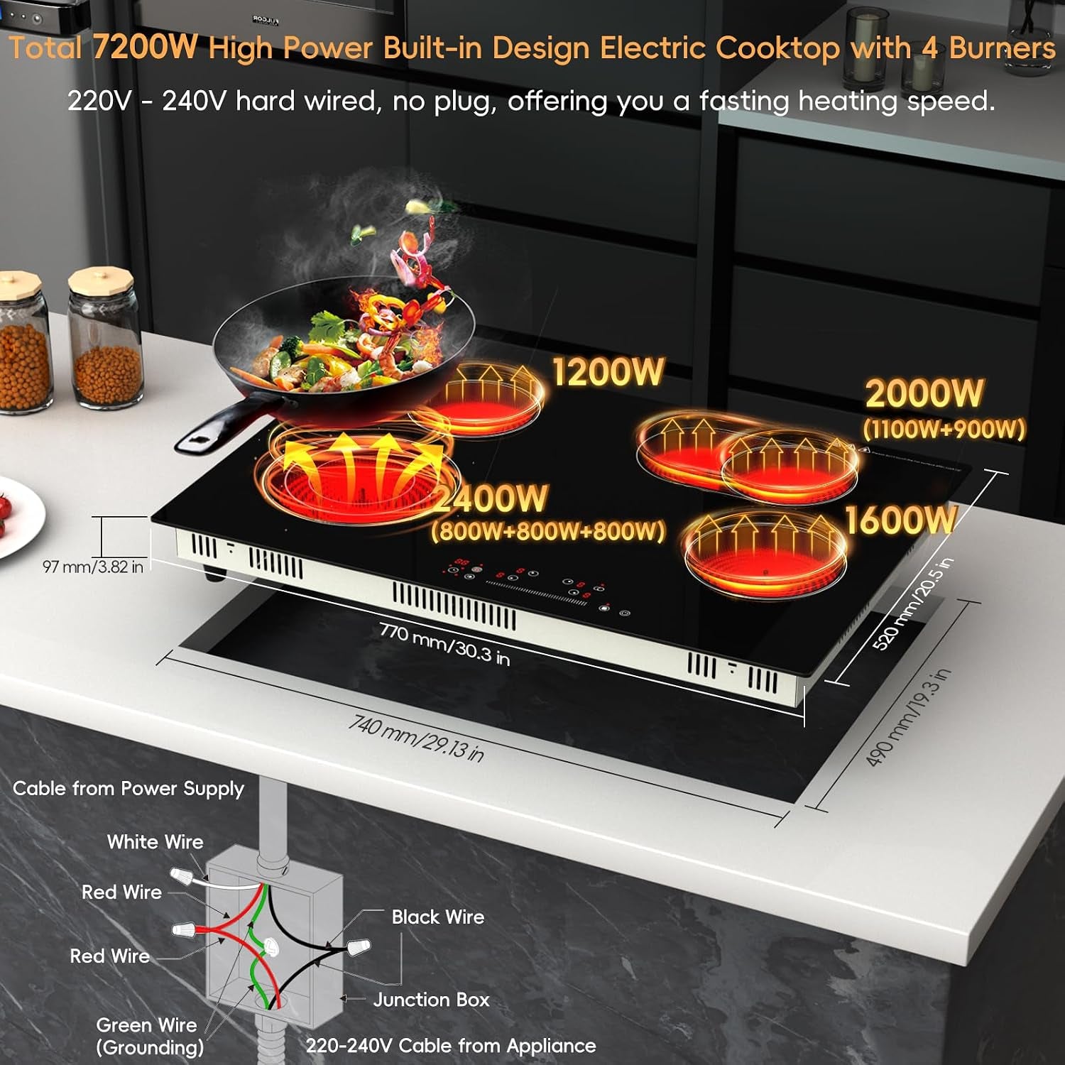 30 Inch Electric Cooktop 4 Burner Built-In Stove Touch Control, Hard Wire | 7200W Radiant Electric Stove, Ceramic Glass, 9 Level Power, 99 Min Timer, Safety Lock, 220-240V, for Family Party, Festival