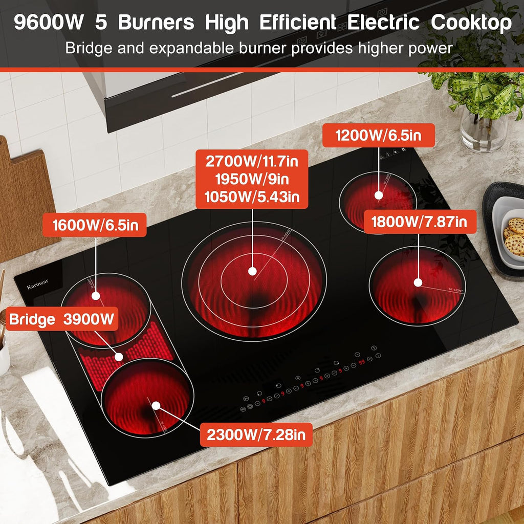 90Cm Ceramic Hob, 5 Zone Electric Hob, Flexible Bridge & Triple Ring Expandable Burners, Pause, Timer, Safety Lock, 9600W Built-In Ceramic Cooker for 220-240V Hard Wire