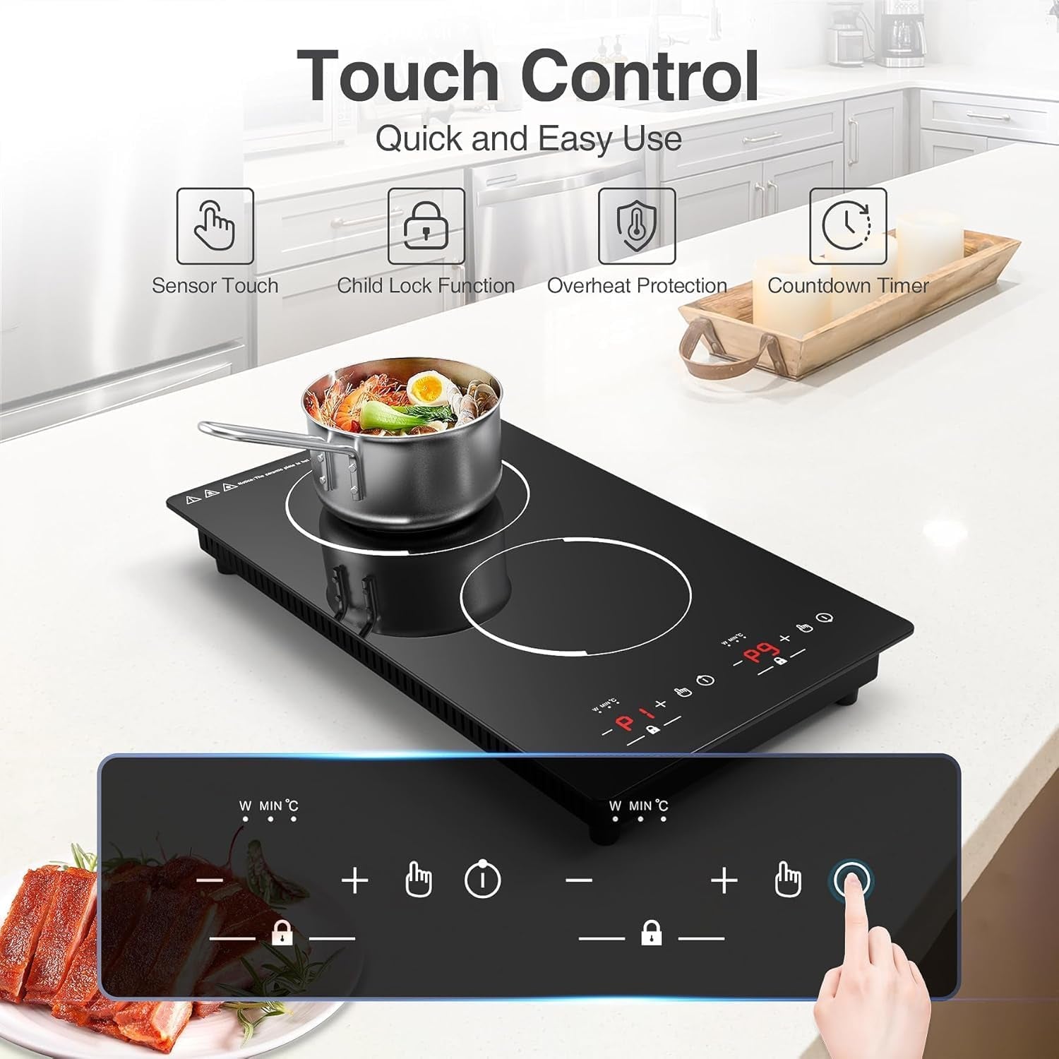 Double Induction Hob, 3000W Portable Induction Hob, Built-In Induction Cooker with LED Touch Display, 9 Power Level, 120 Mins Timer & Safety Lock, 220~240V, Black